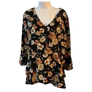 Ophelia Roe Sz Lg black button down floral top with bell/ruffled sleeves &  hem